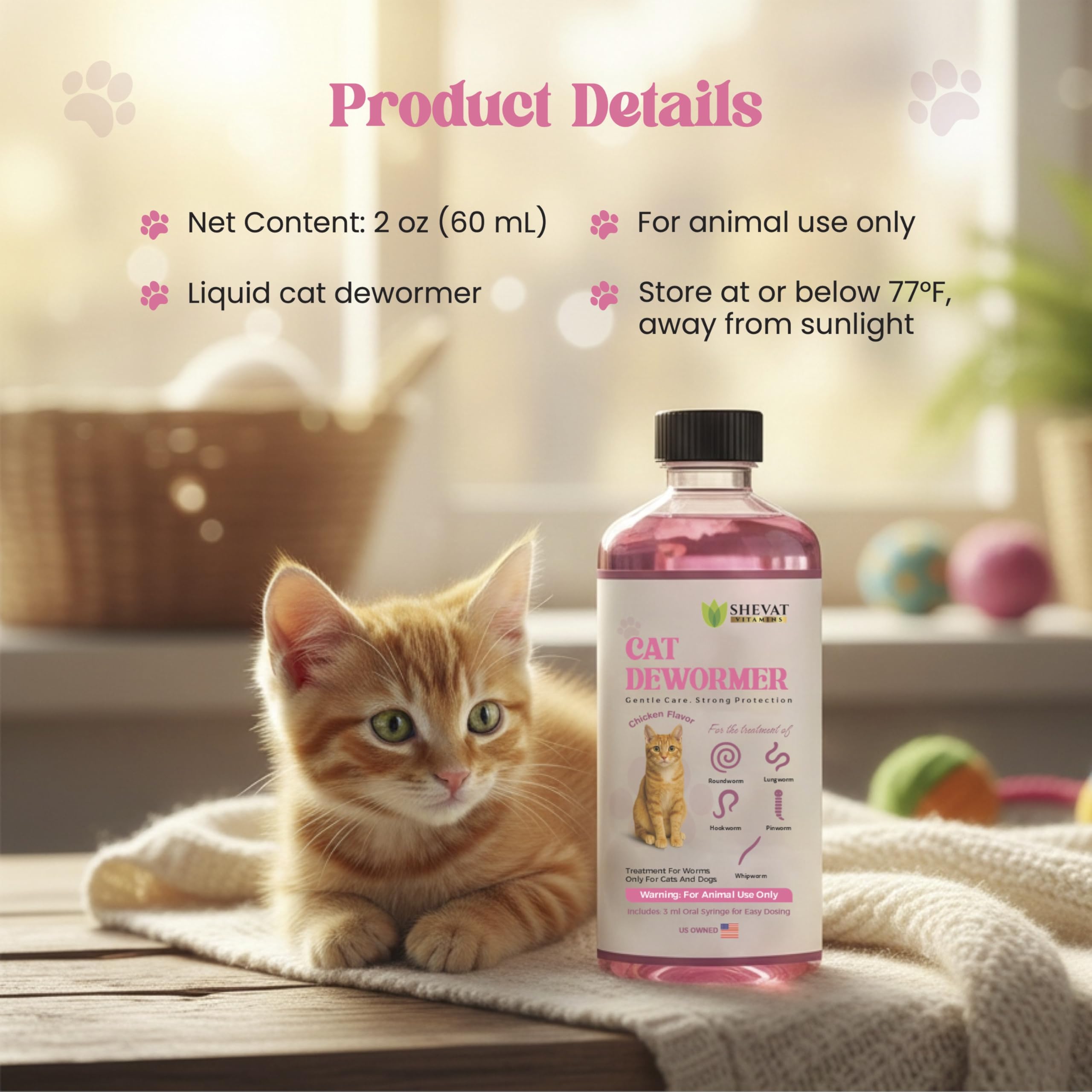 Dewormer SHEVAT VITAMINS para gatos, soporte digestivo en cuidado rutinario.