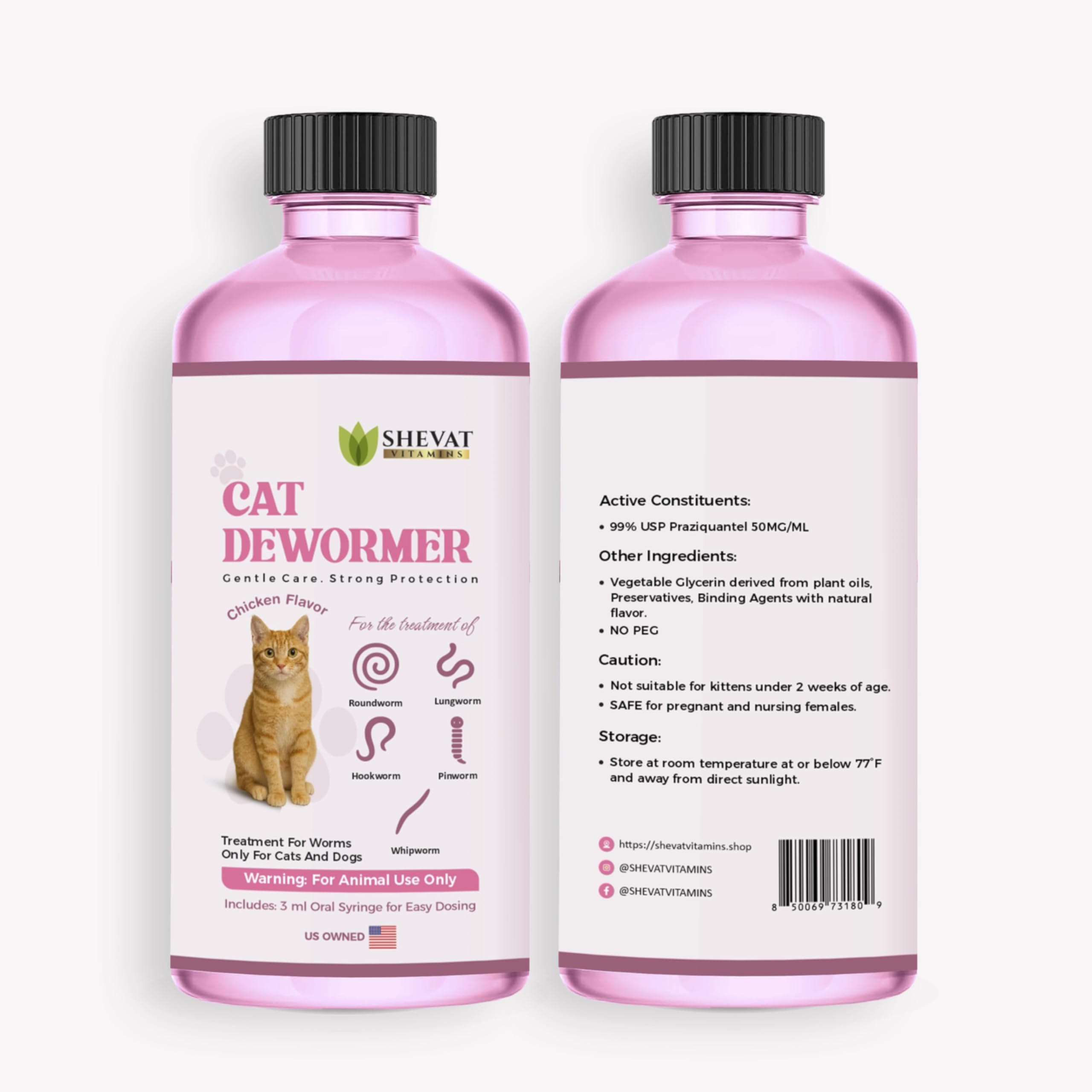 Dewormer SHEVAT VITAMINS para gatos, frasco de 60 ml con dosificación fácil.