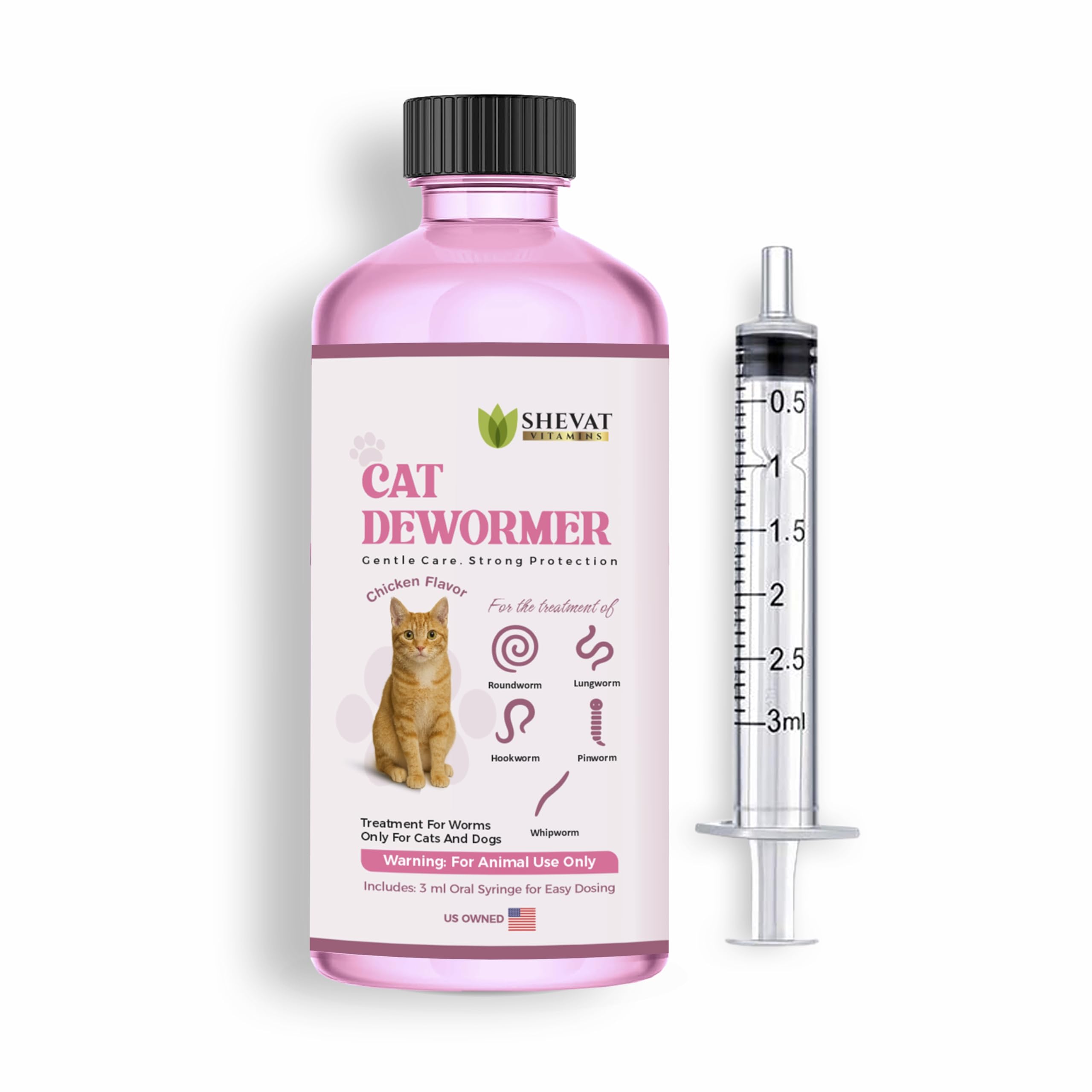 Dewormer SHEVAT VITAMINS para gatos, jeringa de 3 ml para dosis precisa.