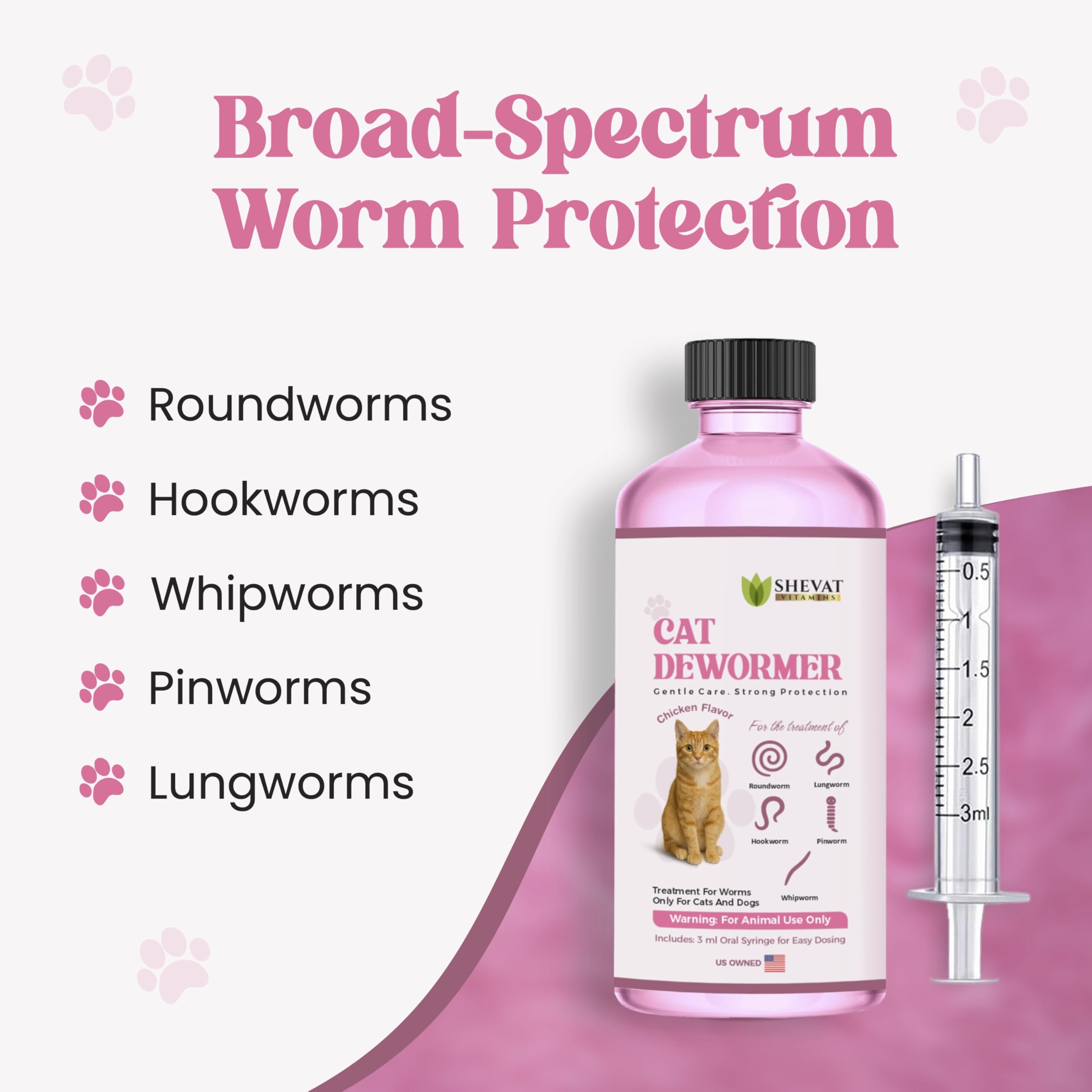 Dewormer SHEVAT VITAMINS sabor pollo, facilita administración oral en gatos.
