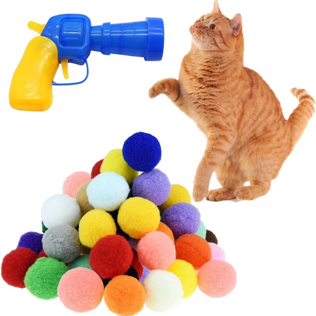 Lanzador de Shizhoo con pelotas pom-pom suaves para juego interactivo de gatos.