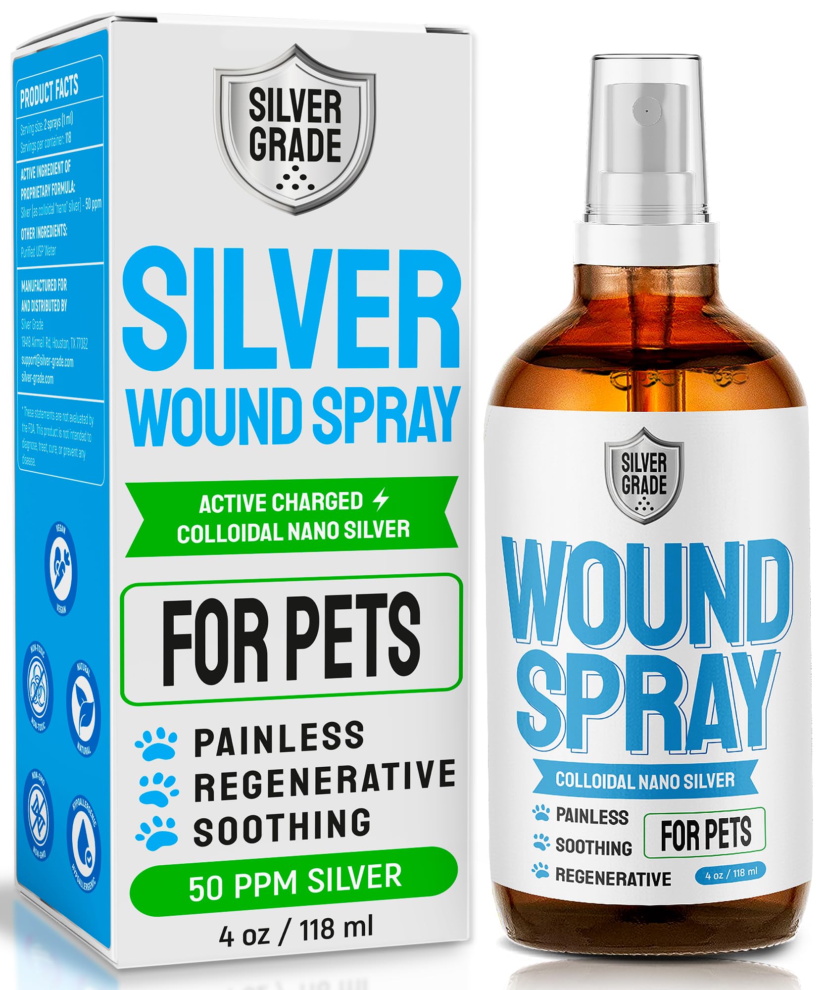 SILVER GRADE spray para heridas en mascotas, facilita la rápida limpieza de irritaciones.