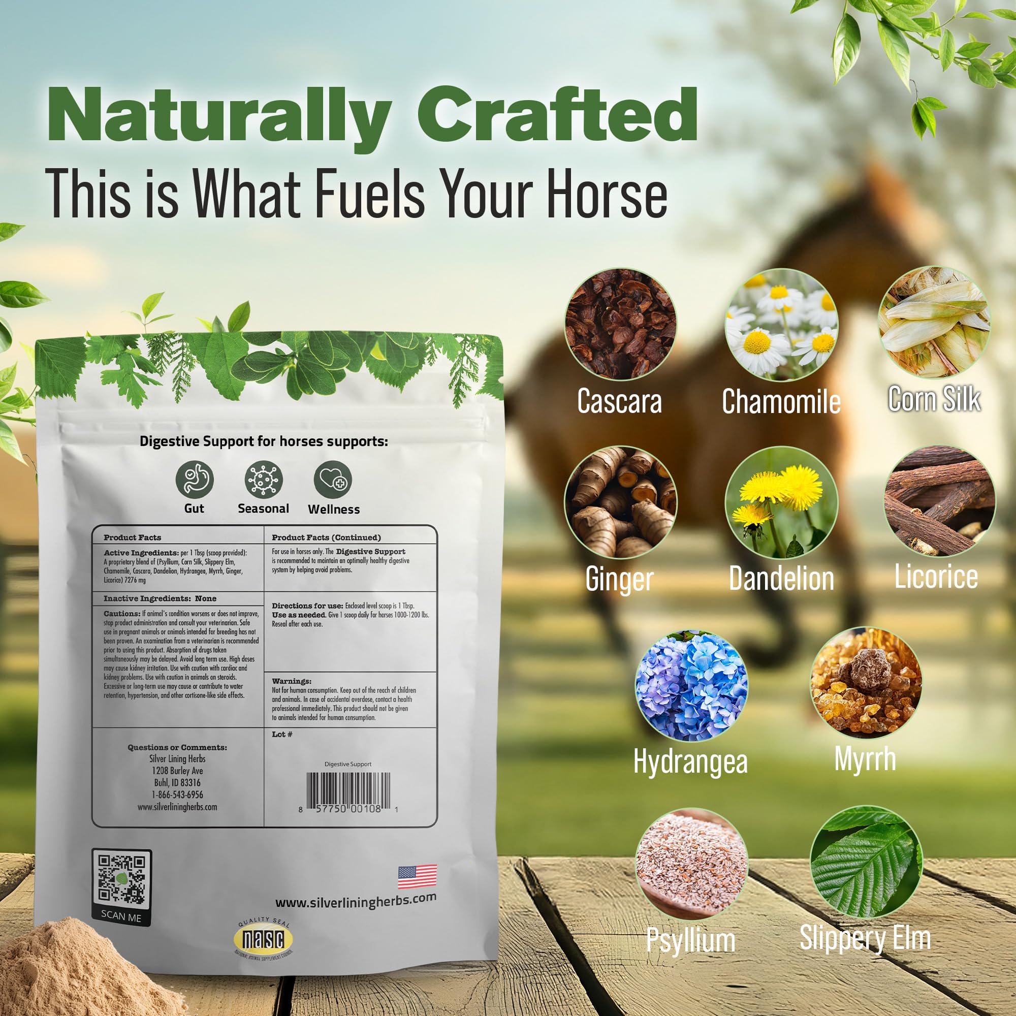 Silver Lining Herbs: envase del suplemento digestivo para caballos, fácil de usar