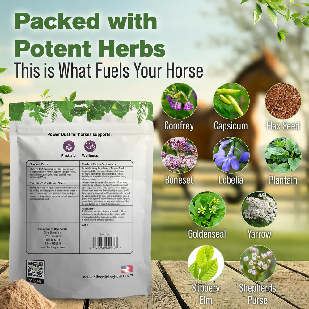 Power Dust para aplicación seca en caballos mejora limpieza y curación.