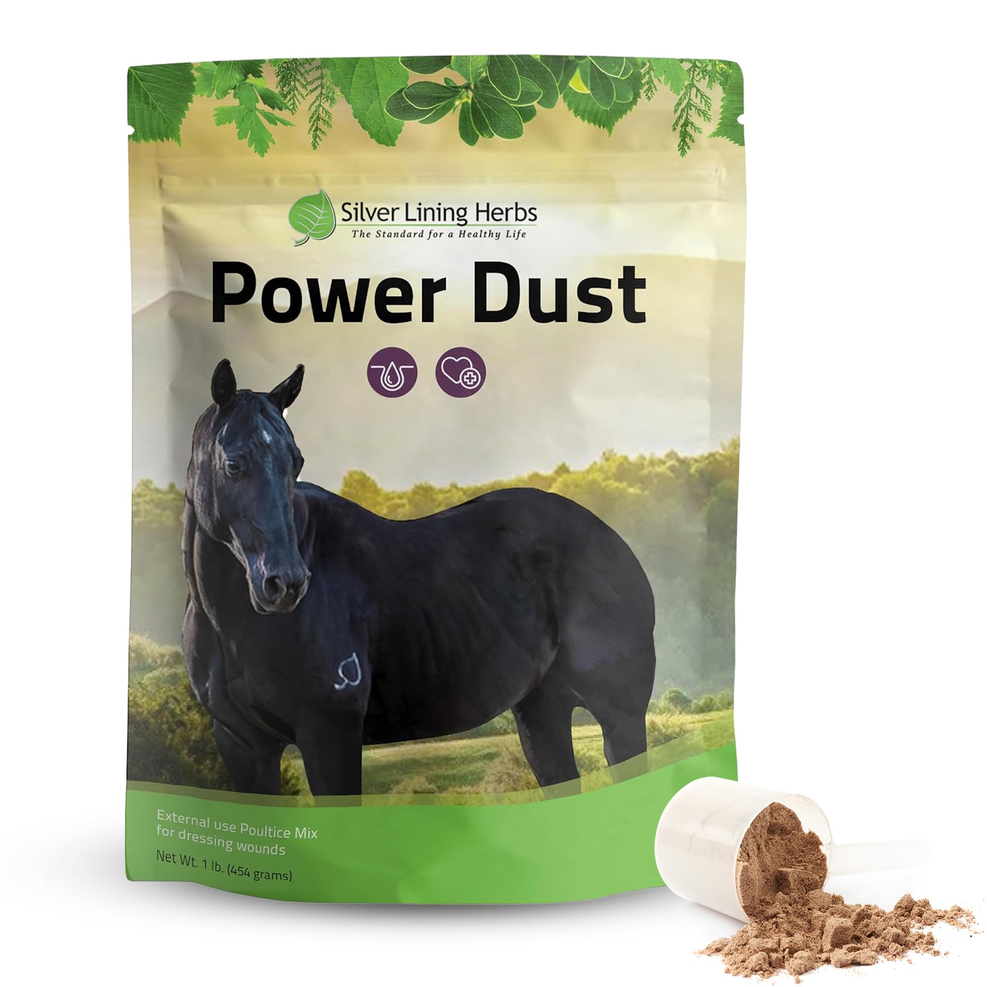 Power Dust de Silver Lining Herbs aplicado en una herida de caballo, apoya recuperación.