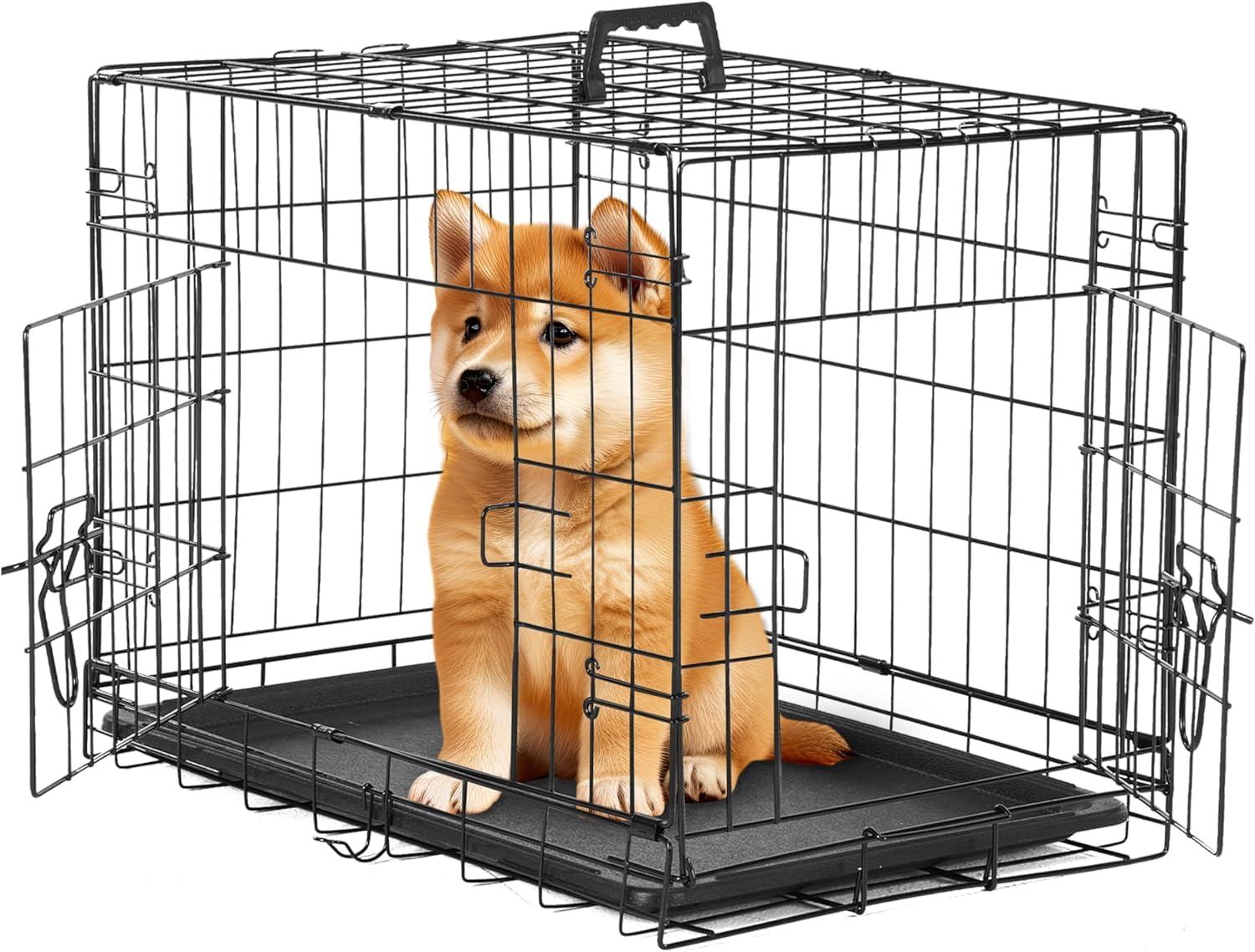 Simple Deluxe jaula para perro pequeño 24 pulgadas, vista frontal, entorno seguro en casa.