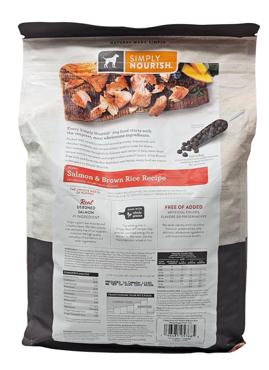SIMPLY NOURISH granos enteros, arroz integral, base nutritiva para el cachorro.