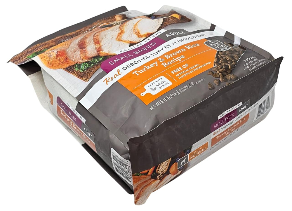 SIMPLY NOURISH, guía de alimentación impresa en el reverso de la bolsa.