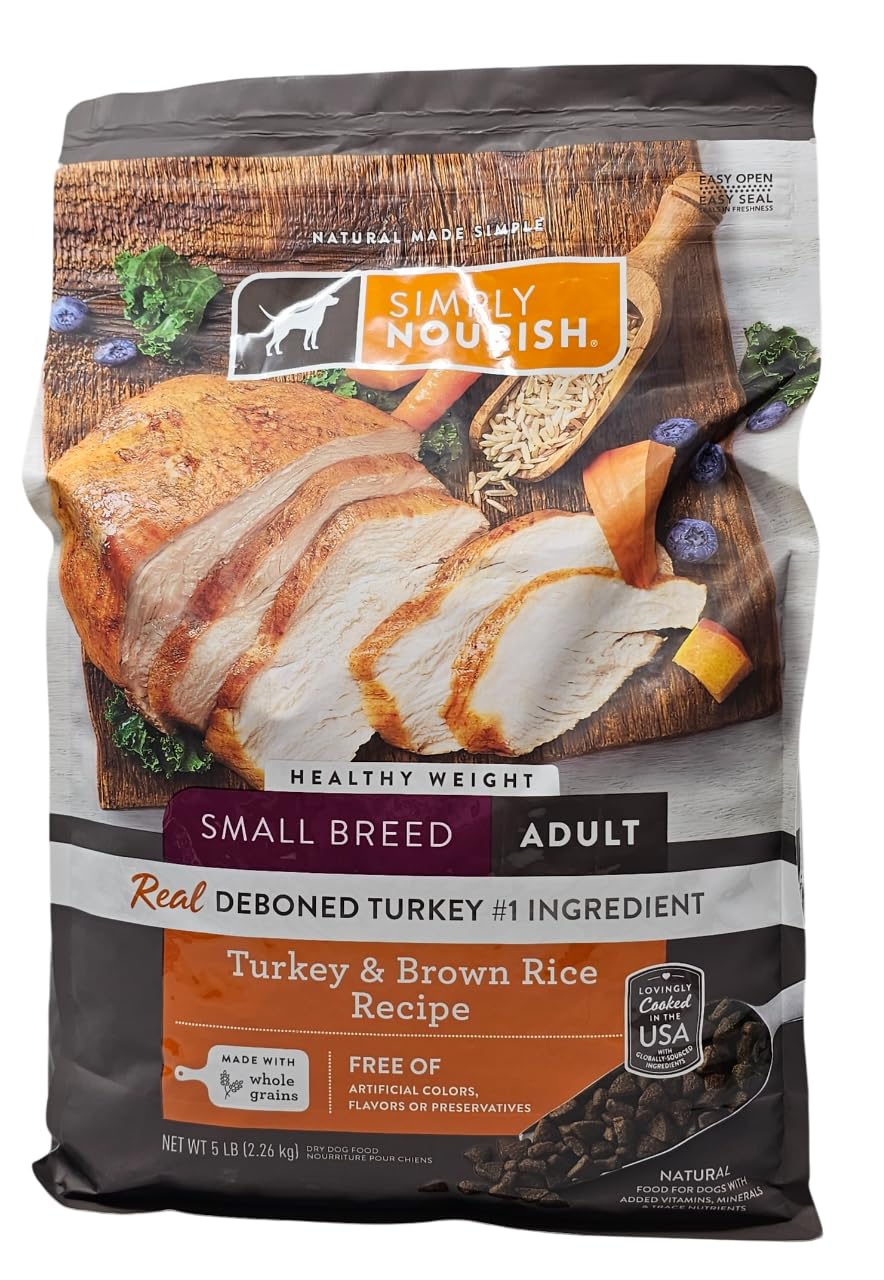 SIMPLY NOURISH para razas pequeñas con pavo y arroz, bolsa de 5 lb para uso diario.