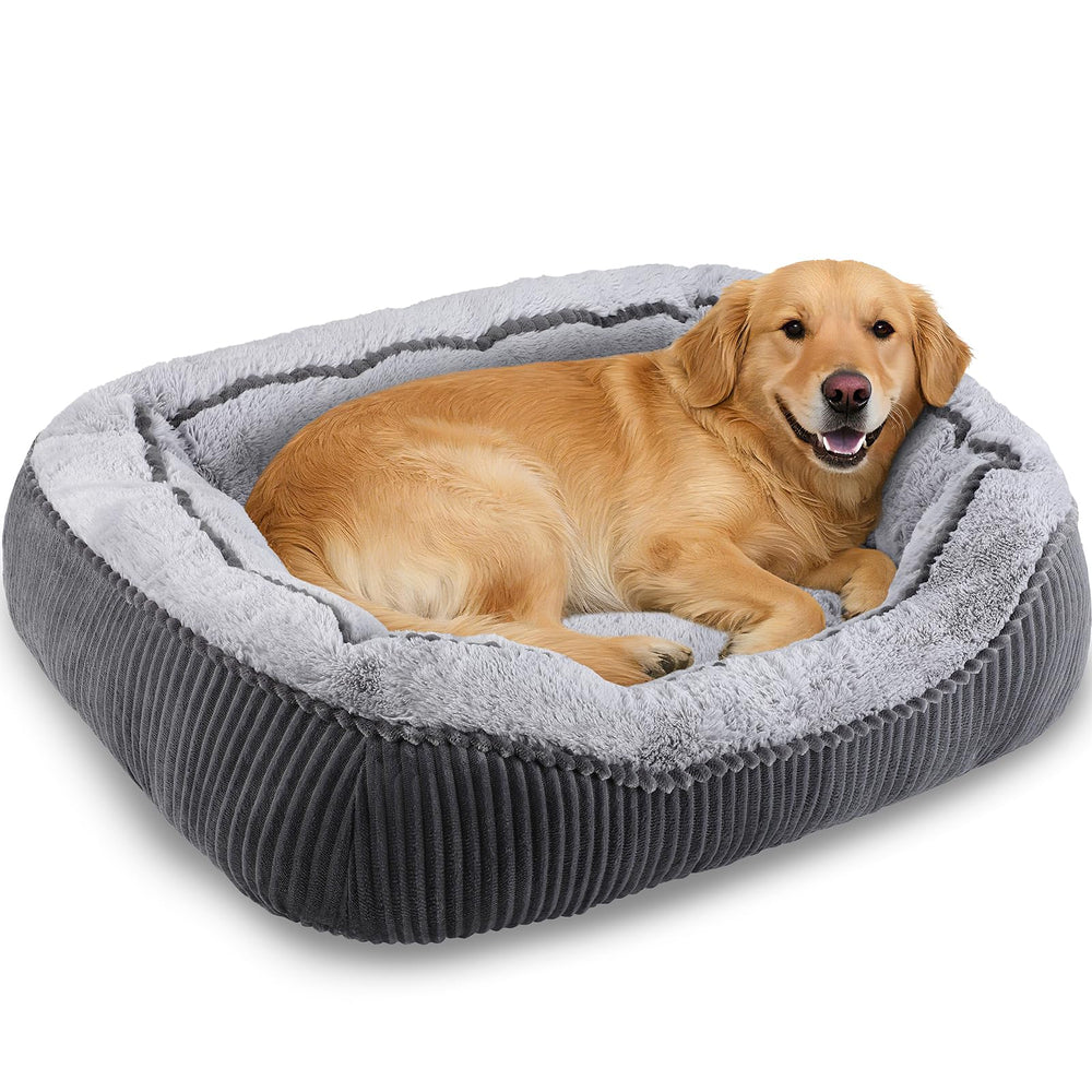 Cama SIWA MARY para perro grande: exterior gris con rayas, confort duradero.