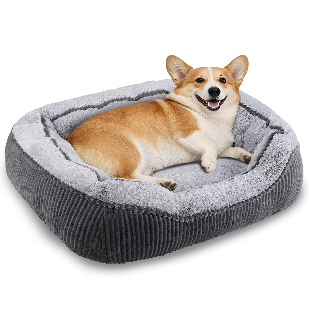 Cama SIWA MARY para perro mediano, exterior gris franela, descanso cómodo.
