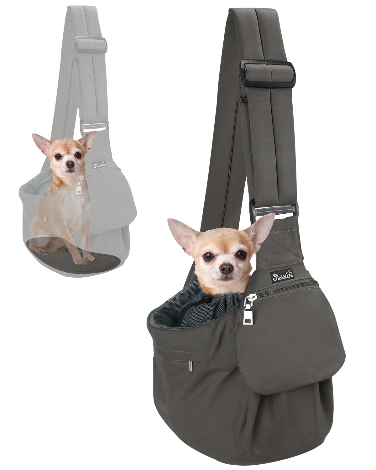 SlowTon Sling portador para perro pequeño visto de frente, transporte cómodo para mascotas.