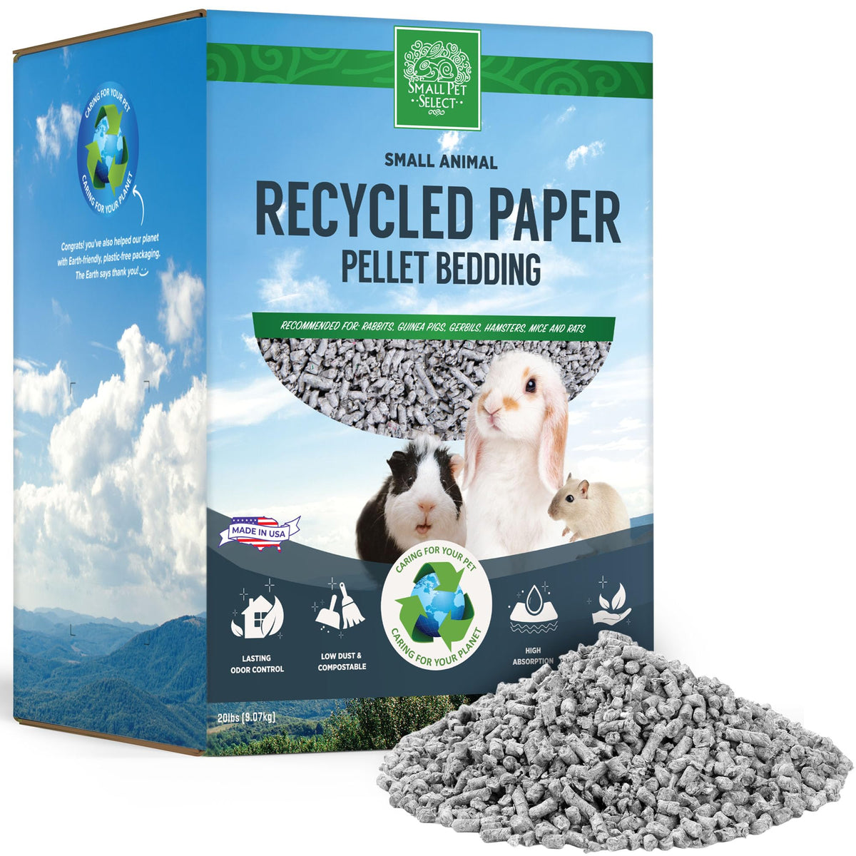 Small Pet Select cama con gránulos de papel reciclado para una superficie limpia y cómoda.