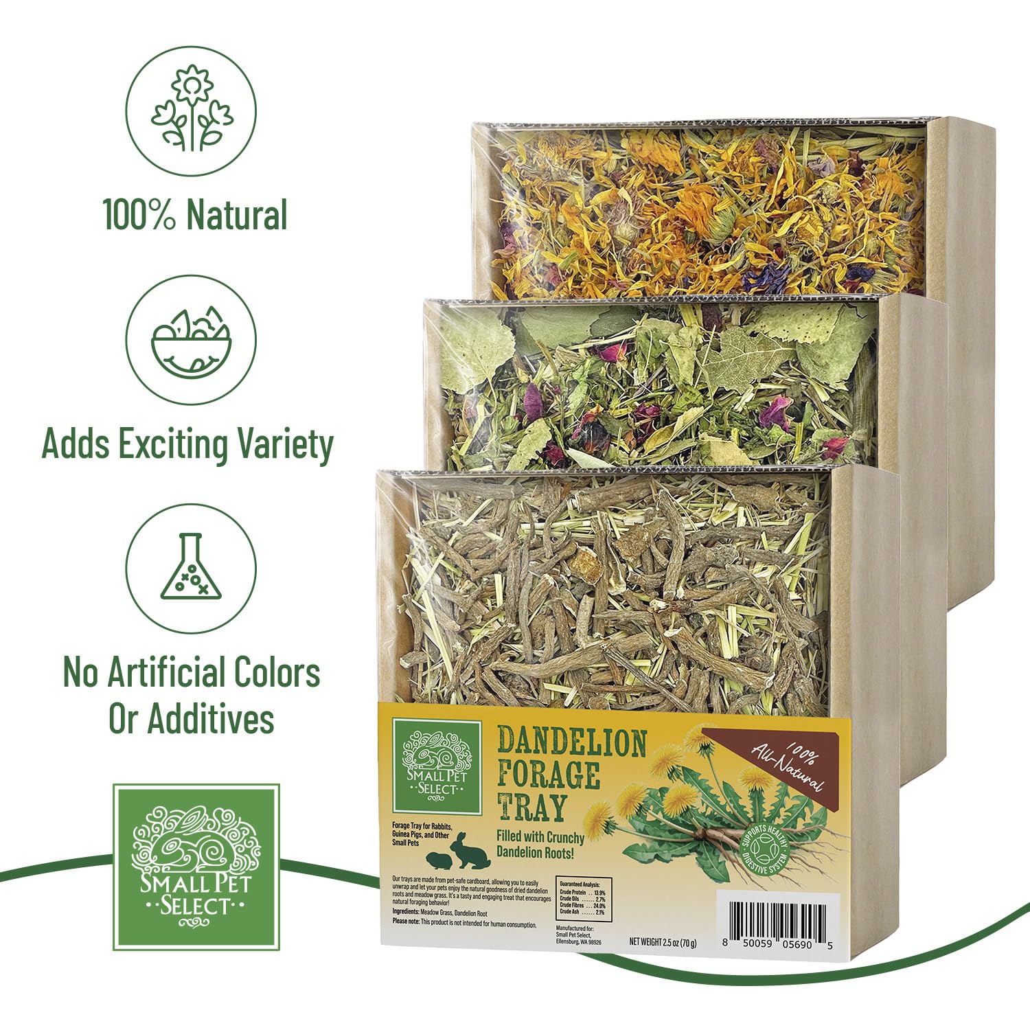 Small Pet Select Forage Tray Dandelion Mix: tentempié terroso y estimula exploración diaria.