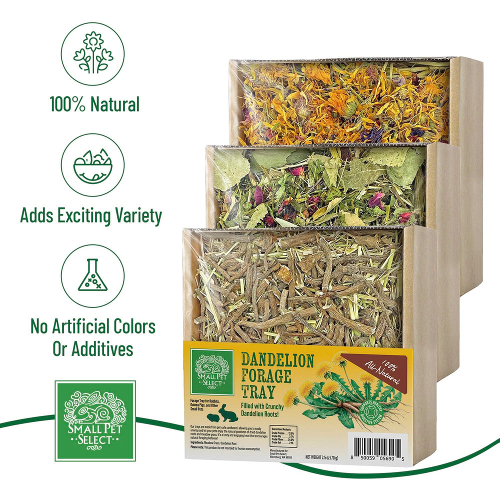 Small Pet Select Forage Tray Dandelion Mix: tentempié terroso y estimula exploración diaria.