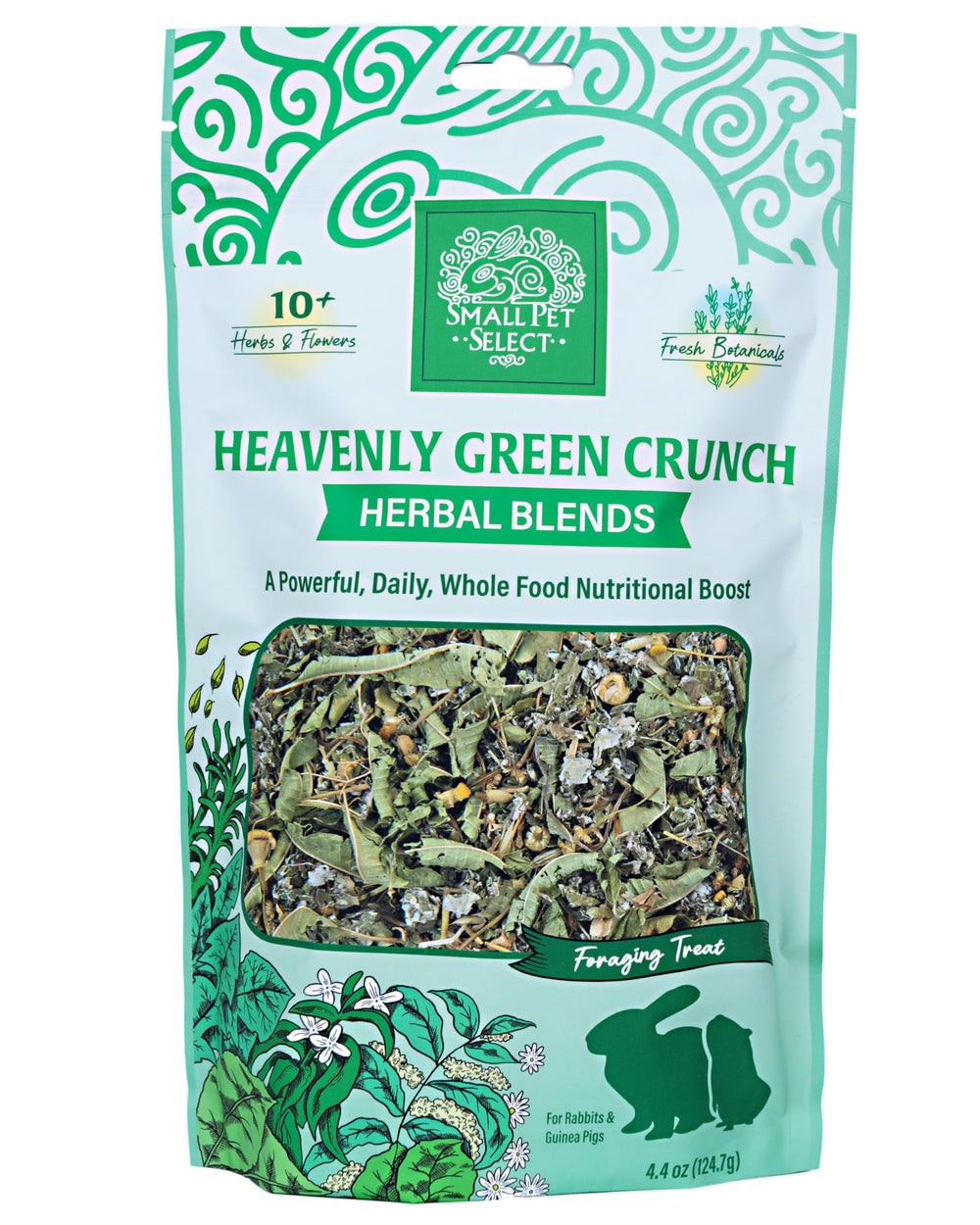 Small Pet Select Green Crunch, conejo disfrutando, snack sabroso que estimula juego y exploración.