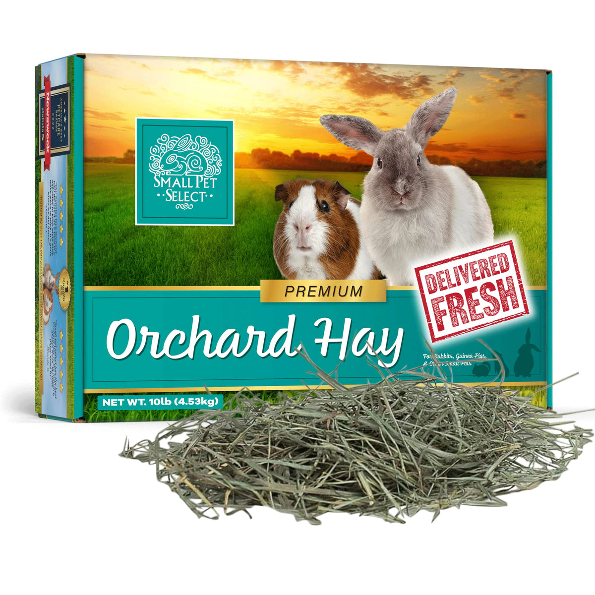 Heno de pradera Small Pet Select en caja exterior para almacenamiento fácil