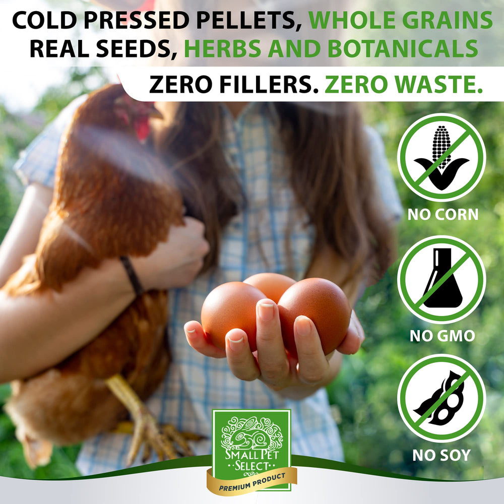 Small Pet Select proteína 18% con semillas, apoya una producción estable de huevos.