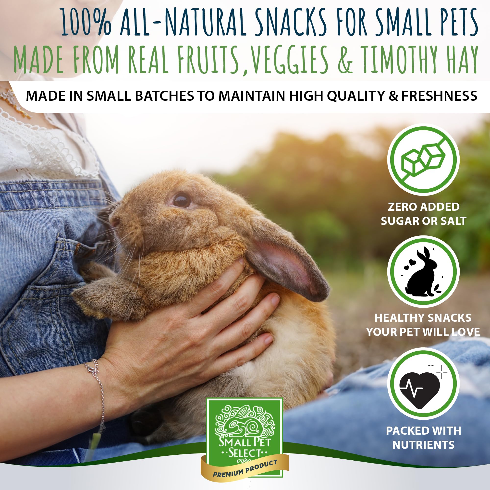 Small Pet Select Snacker de heno Timothy, textura crujiente para entrenamiento.