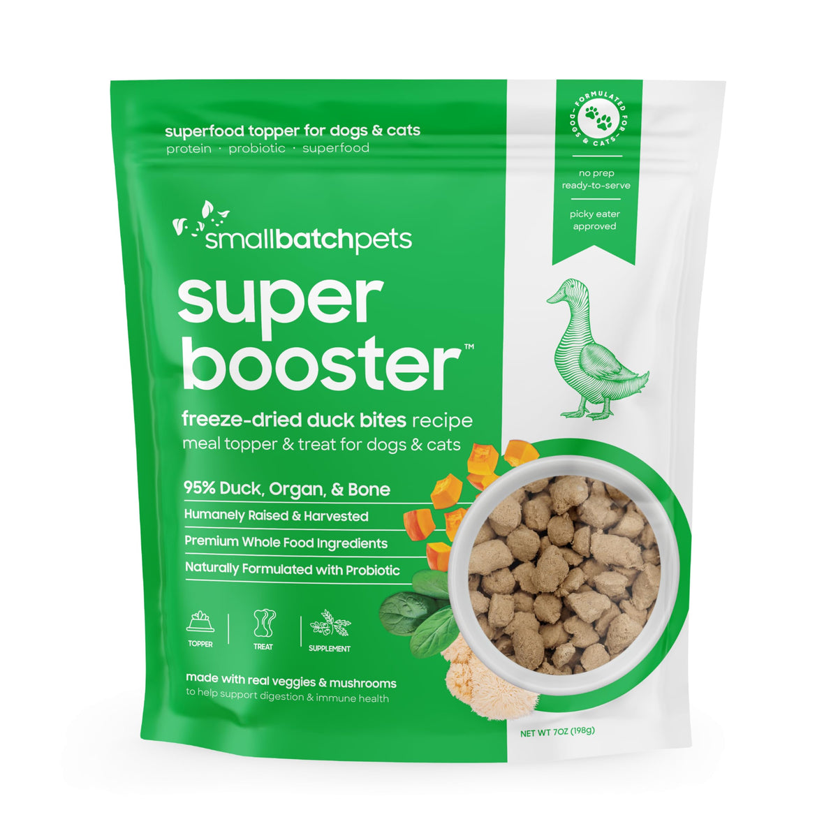 Smallbatch bocado de pato liofilizado, snack sabroso y fácil de dosificar para perros y gatos.