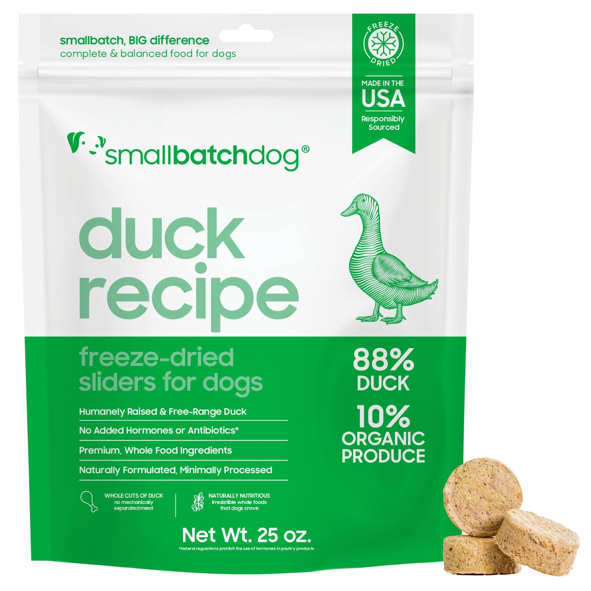smallbatch pato liofilizado en empaque de 25oz para perros, fácil almacenamiento