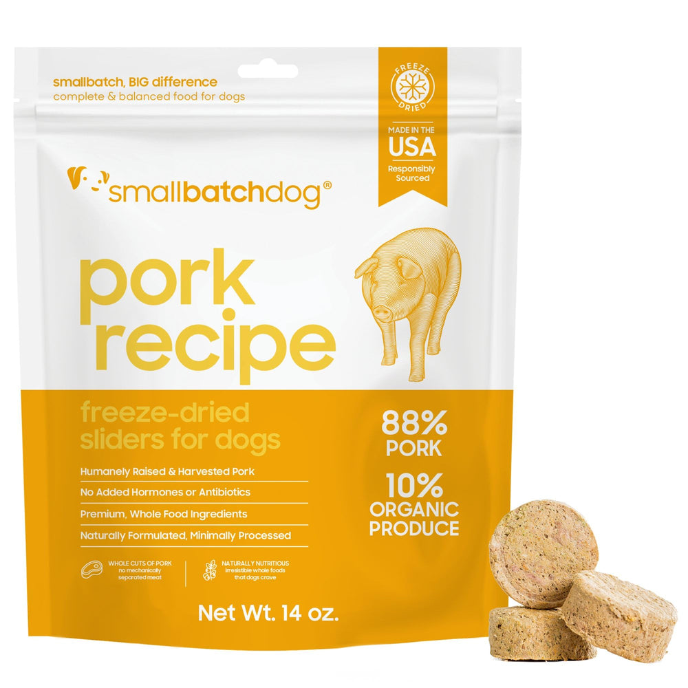 Smallbatch Pets bolsa liofilizada de cerdo para perros, lista para alimentar.