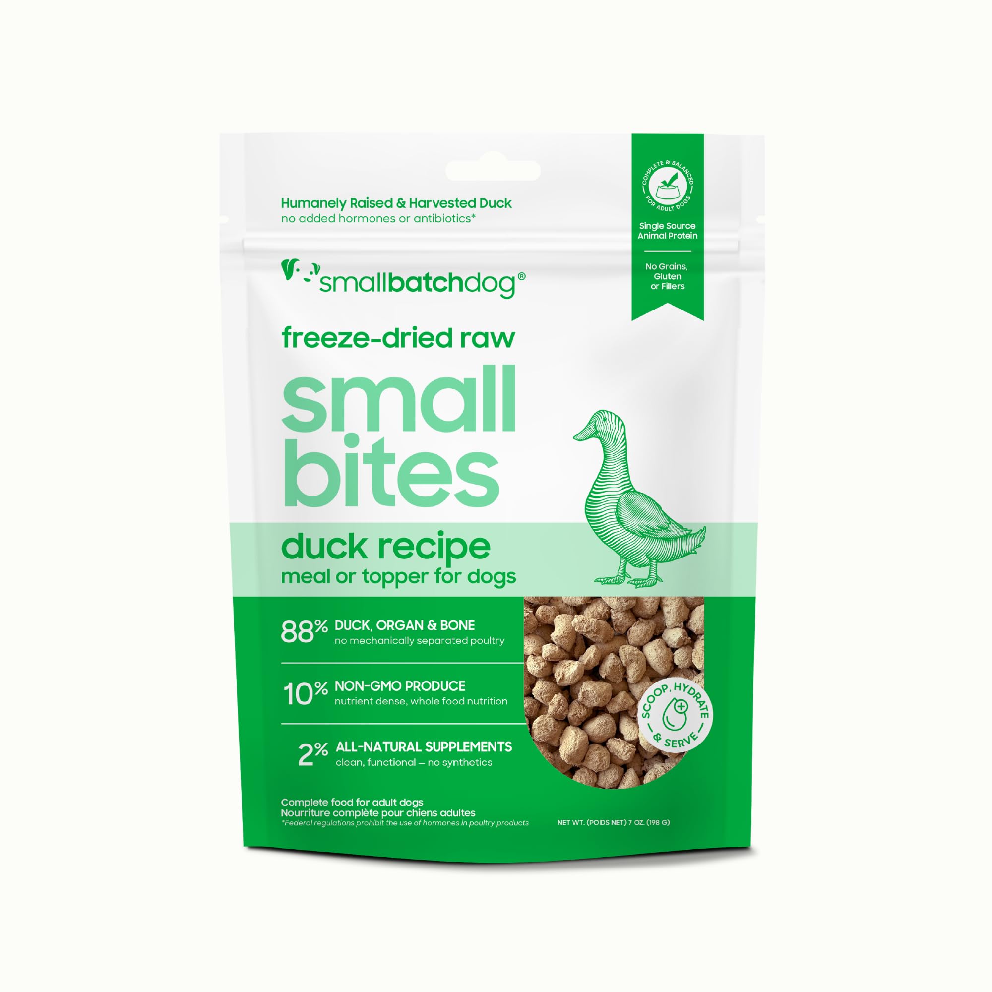 smallbatch Pets Receta Pato: bocaditos 7 onzas, ideal como comida completa o topper sabroso.
