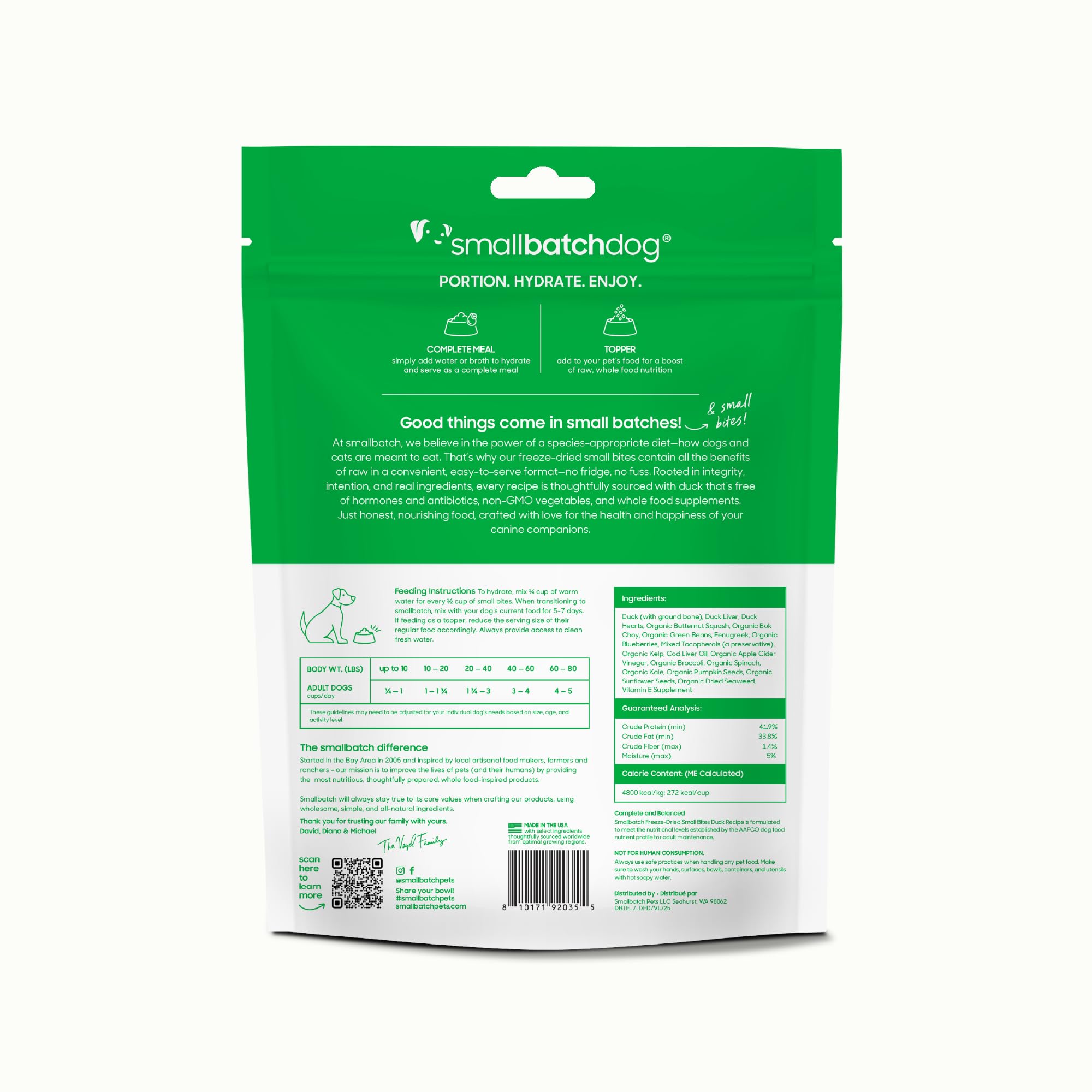 smallbatch Pets Receta Pato: elaborado en EE. UU., control de calidad y trazabilidad.