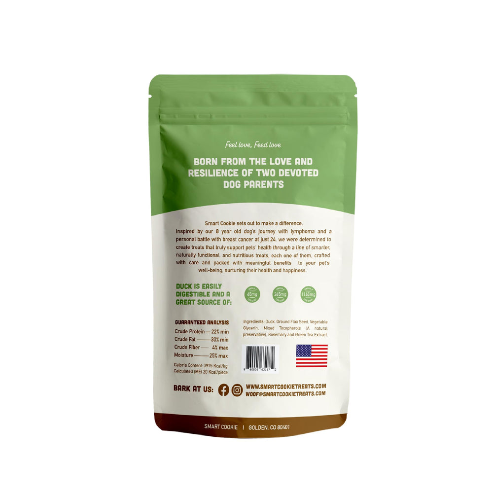 Smart Cookie jerky de pato para cachorros, sabor suave y fácil de masticar.