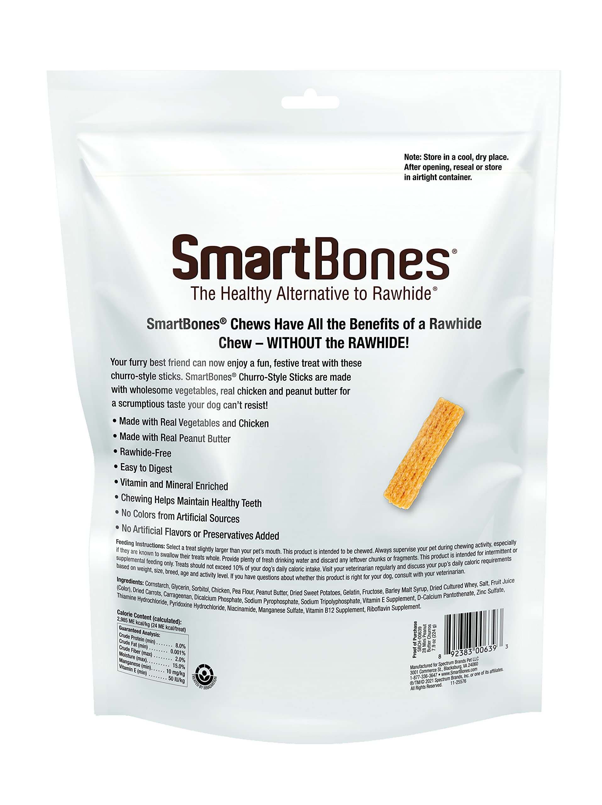 SmartBones bâtonnets mini churro ingrédients: légumes et poulet avec beurre de cacahuète.