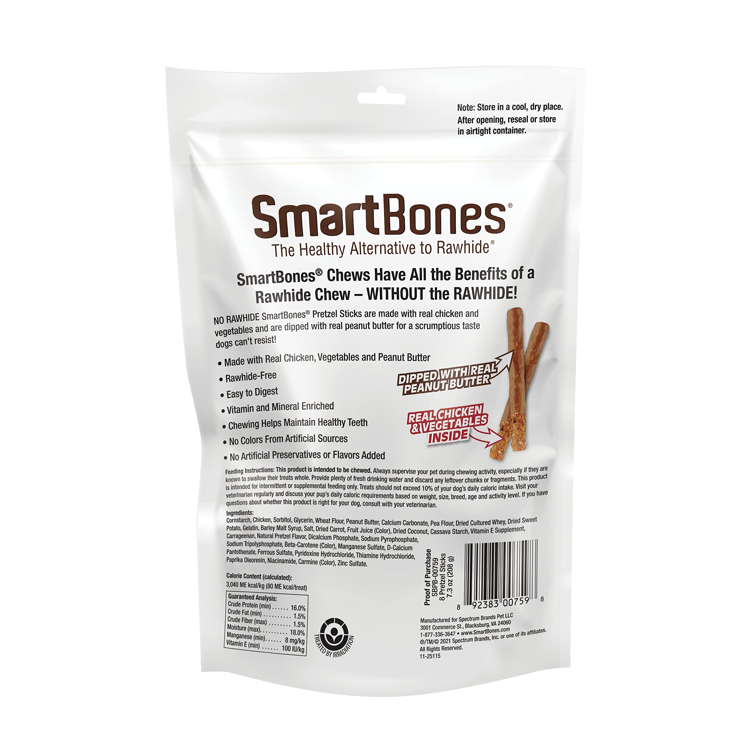 SmartBones ingredientes con pollo real y verduras, sabor natural para perros.