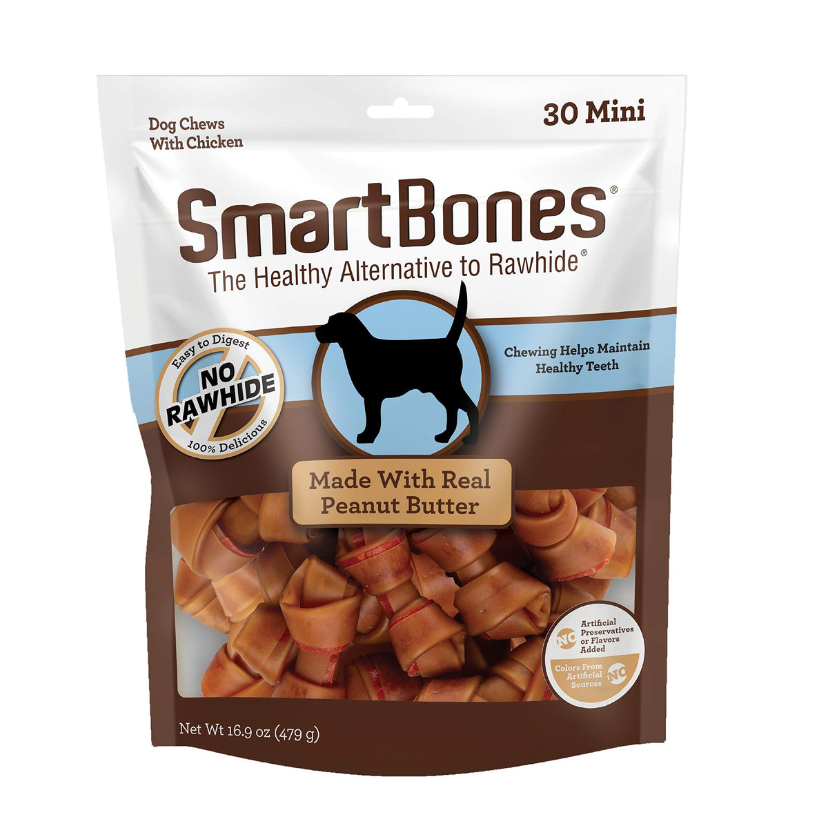 SmartBones mini con mantequilla de cacahuete, empaque cómodo para guardar entre usos.
