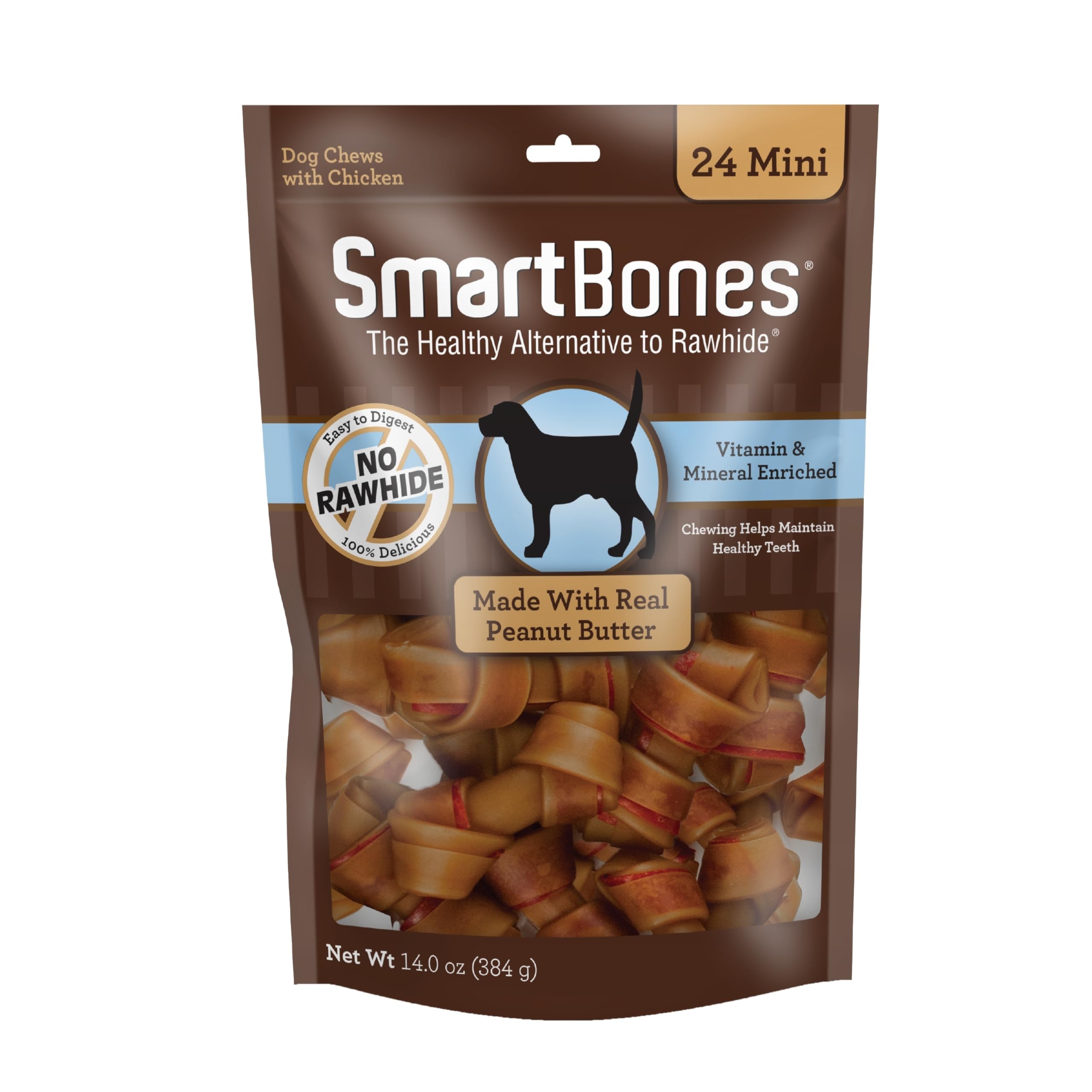 SmartBones Mini masticables con mantequilla de cacahuete real, para perros, que apoya la higiene dental.