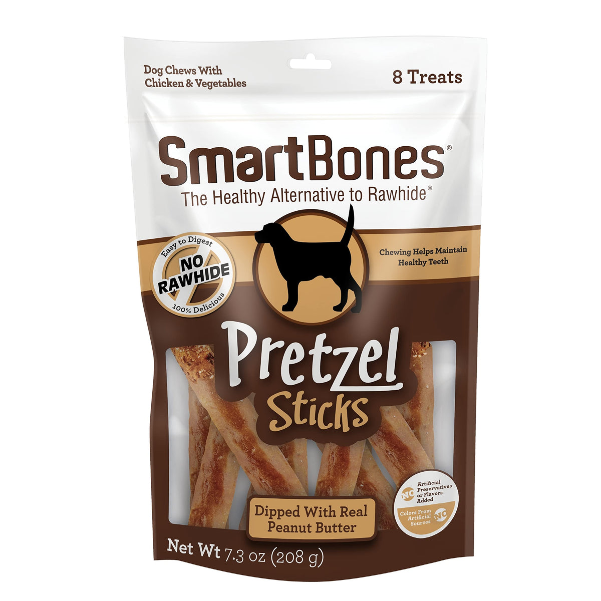 SmartBones palitos pretzel con mantequilla de cacahuete real, snack sabroso para perros.