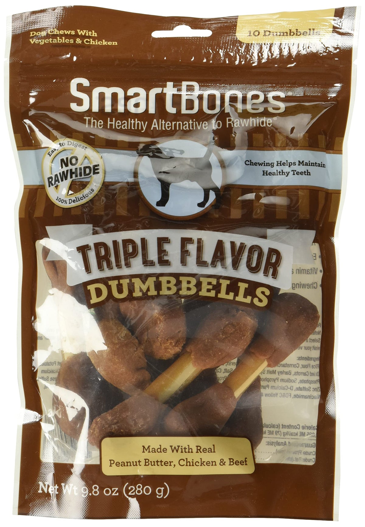 SmartBones Triple Flavor Dumbbells 10-count pack with peanut butter for dogs' chewing enjoyment.