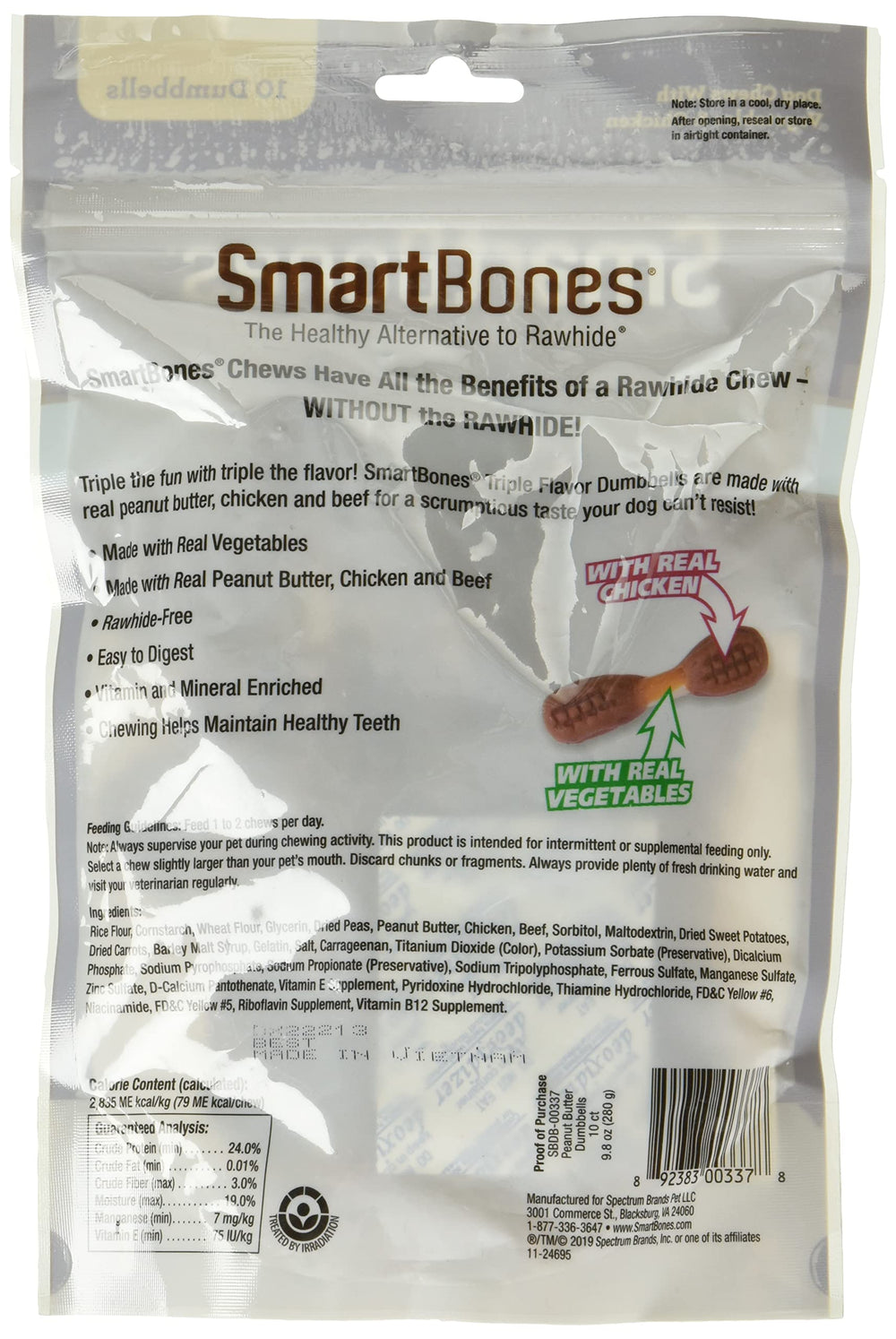 SmartBones Triple Flavor Dumbbells close-up shows peanut butter, chicken and beef flavors for dogs' tasty chewing.
