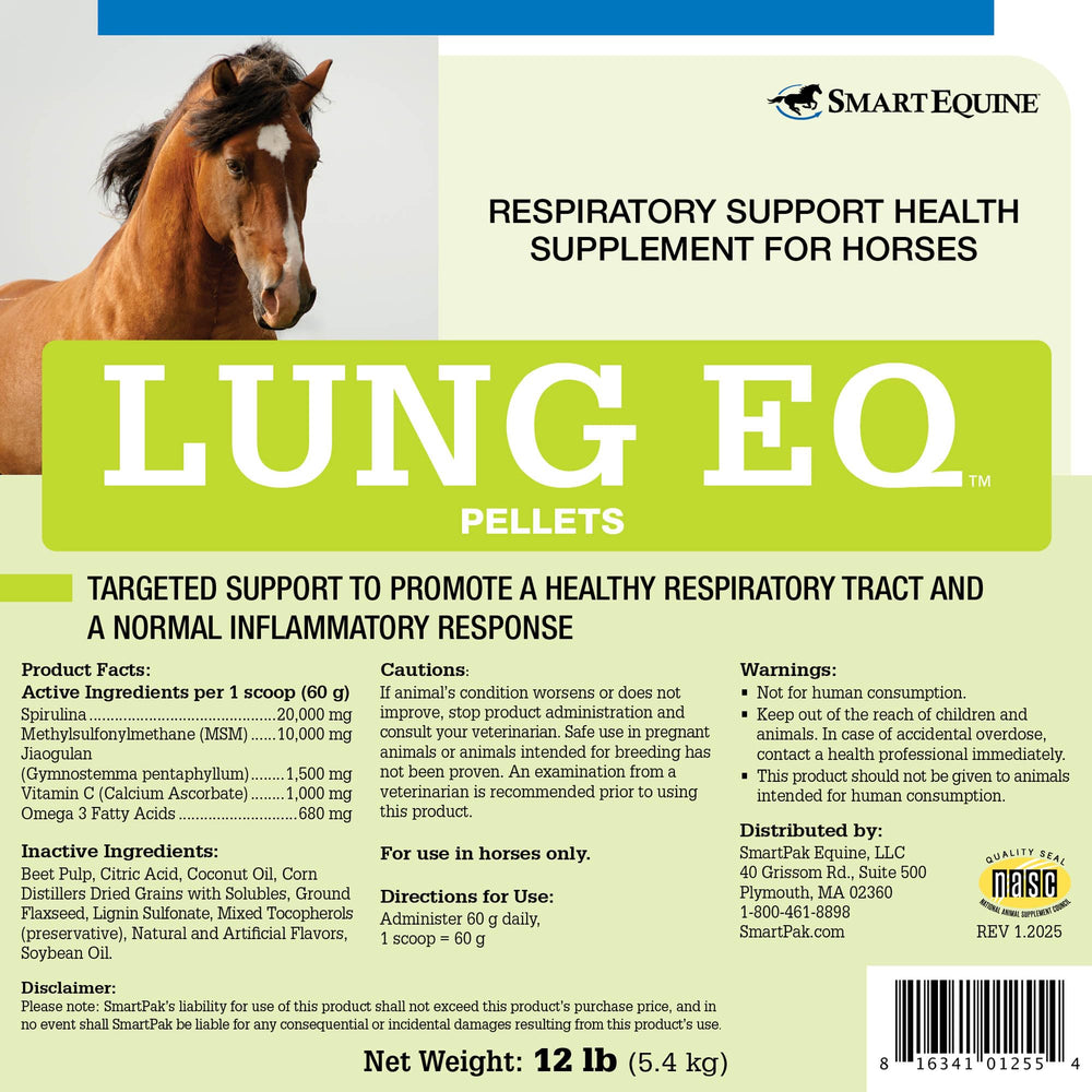 Etiqueta de SmartEquine Lung EQ Pellets, con spirulina y antioxidantes para caballos.