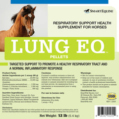 Etiqueta de SmartEquine Lung EQ Pellets, con spirulina y antioxidantes para caballos.