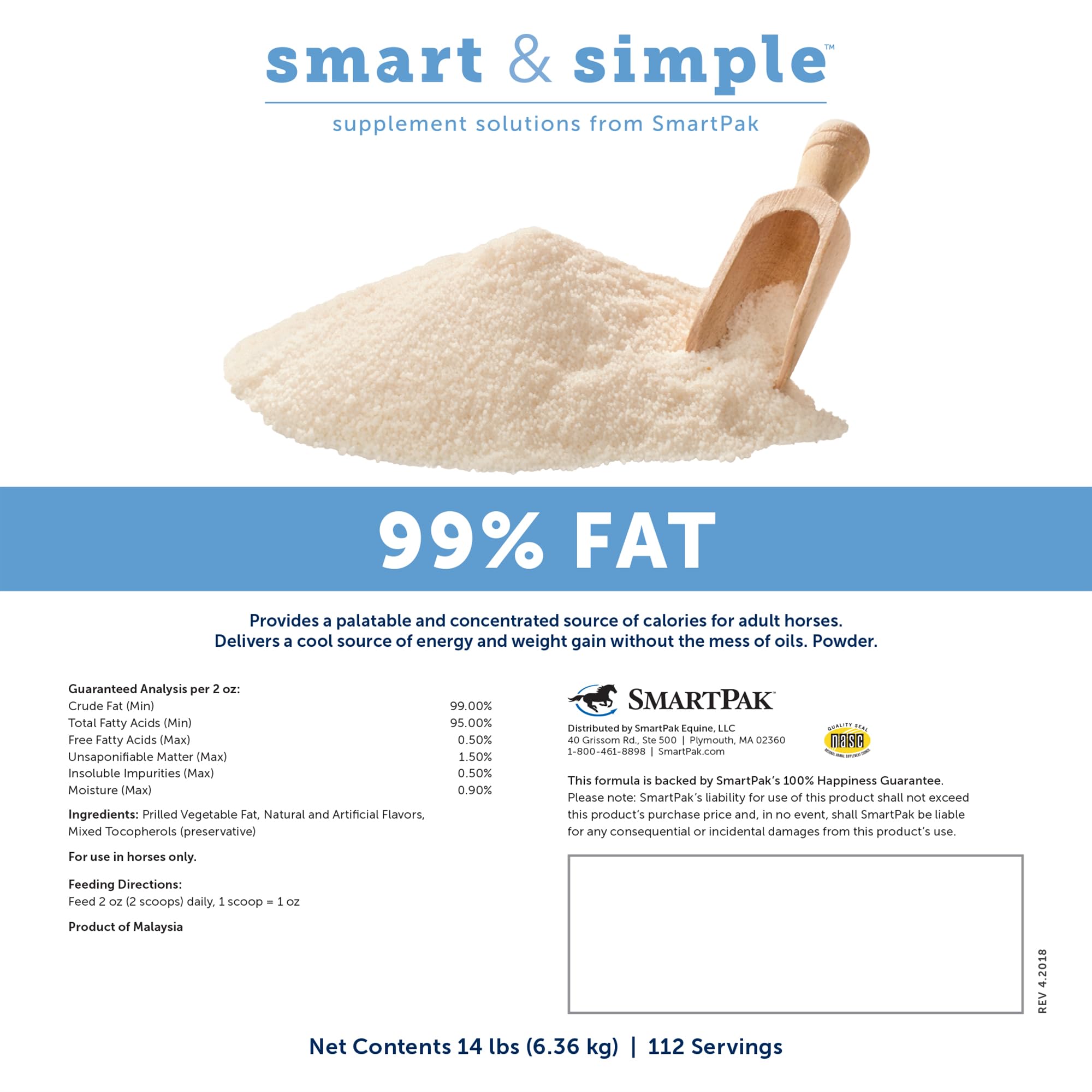 SmartEquine Smart y Simple bolsa de 14 libras, grasa alta para energía diaria del caballo.