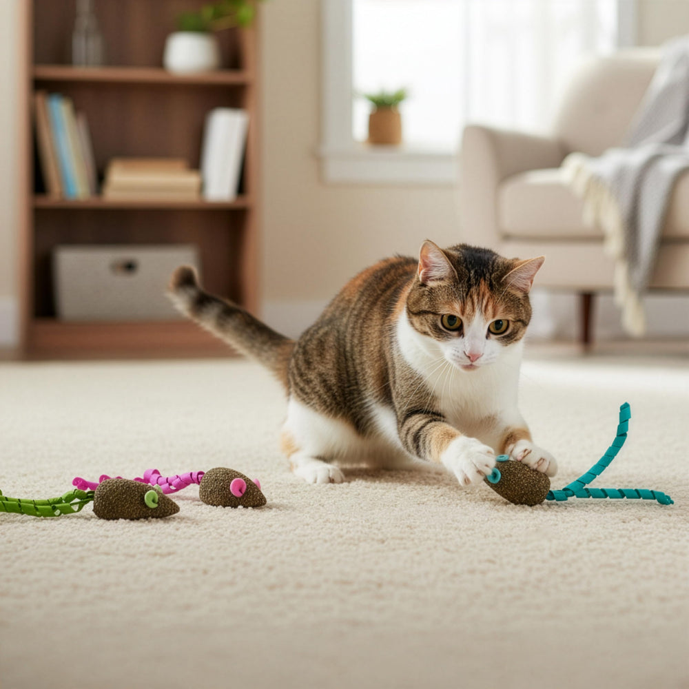 SmartyKat ratón mágico con menta gatuna, ofrece estimulación natural sin desorden.