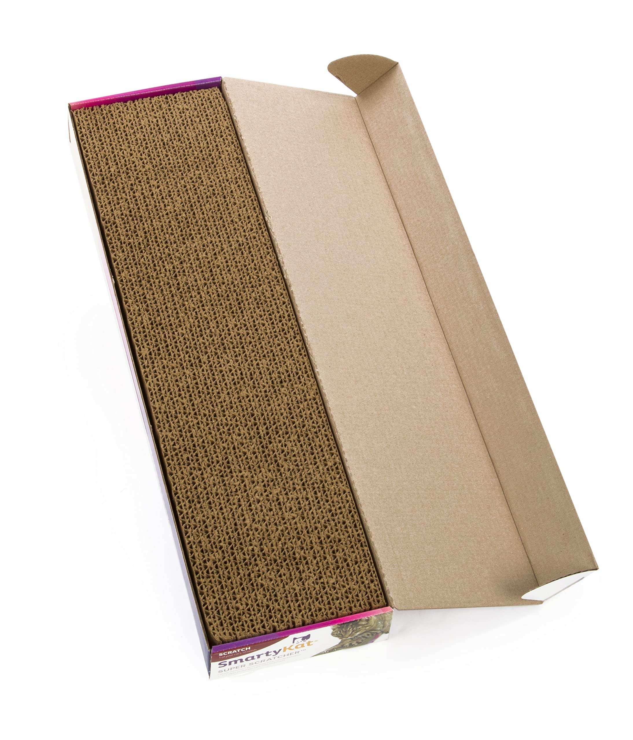 SmartyKat Super Scratcher en suelo plano, superficie estable para rascar y estirar.