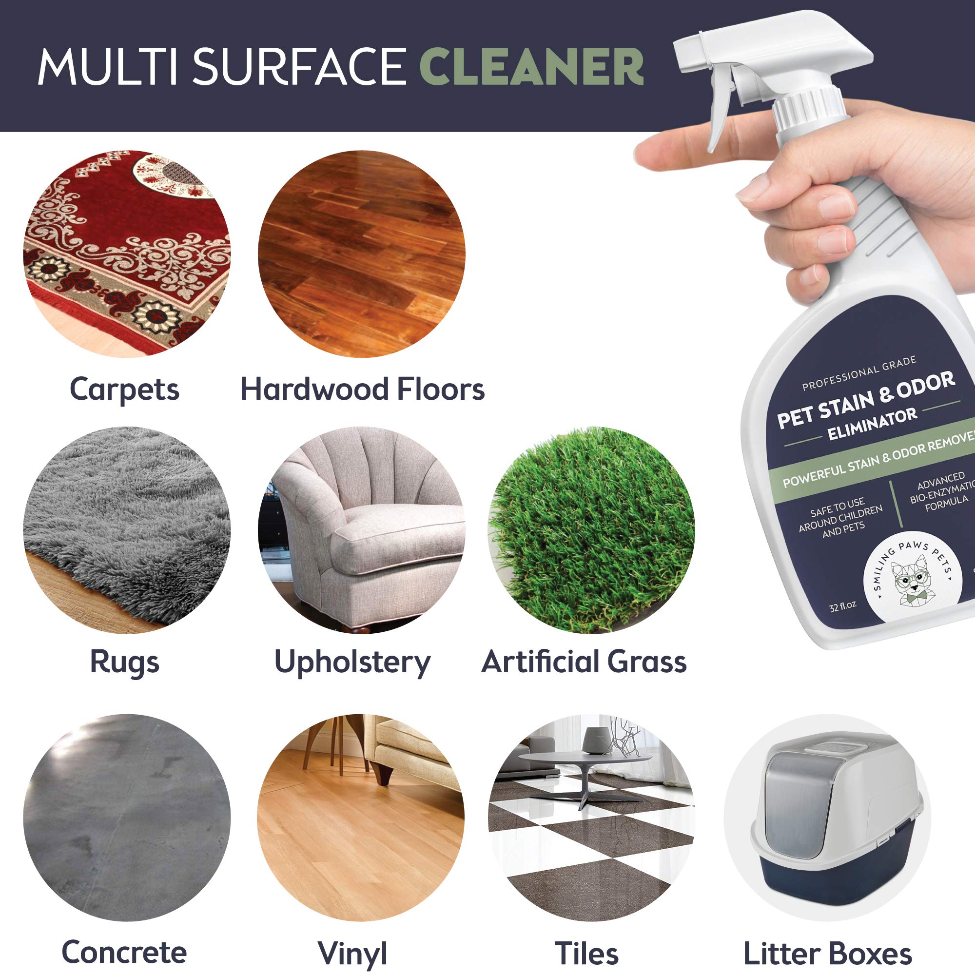 Uso en múltiples superficies: alfombras, muebles y pisos con Smiling Paws Pets.
