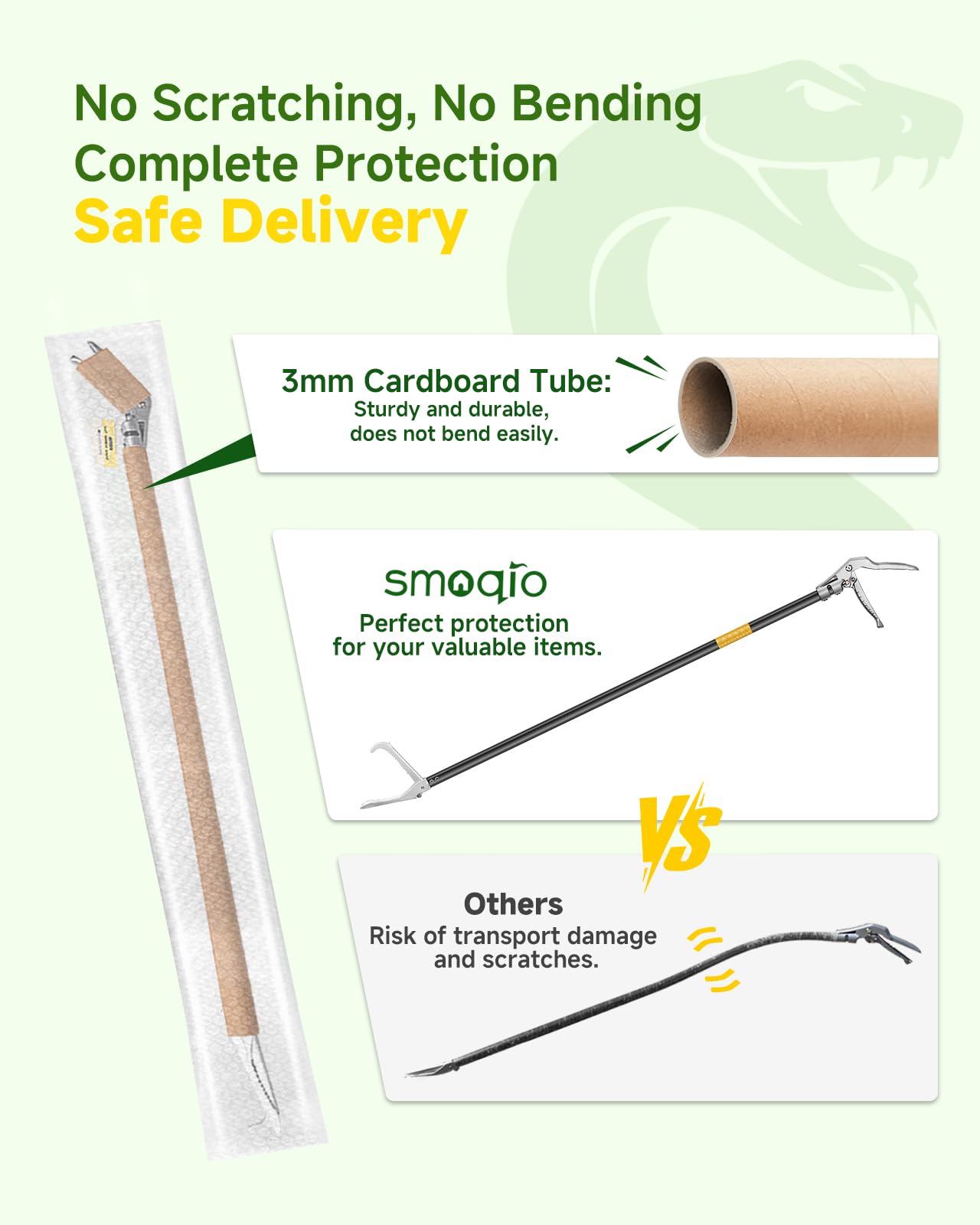 SMOQIO Snake Grabber Tool incluye agarre auxiliar antideslizante para versatilidad.