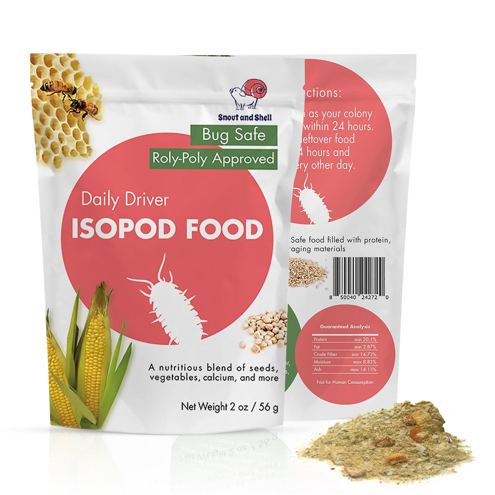 Snout and Shell: empaque del alimento diario para isópodos, fácil almacenamiento.