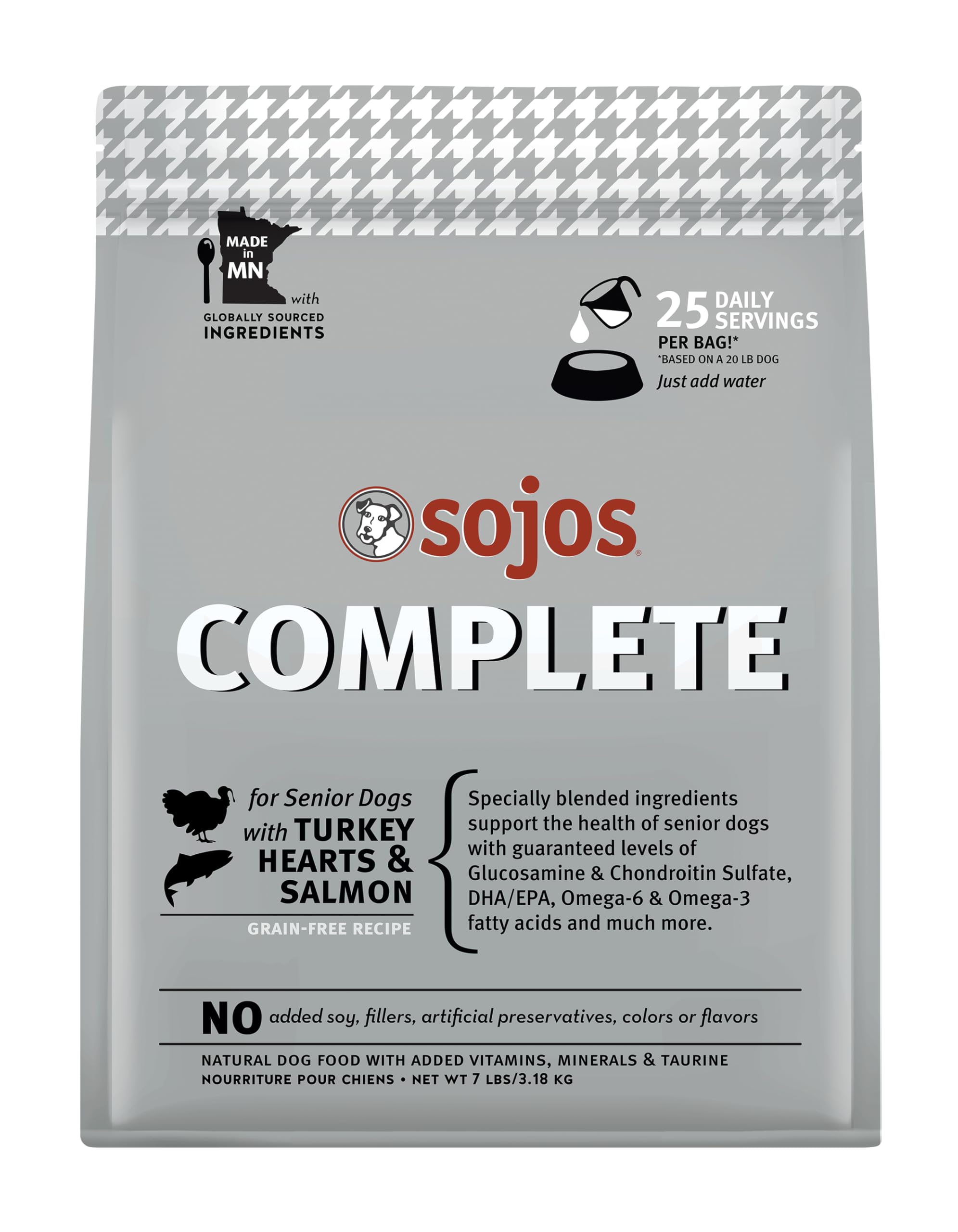 Sojos Complete bolsa de alimento seco deshidratado para perros senior, listo para rehidratar.