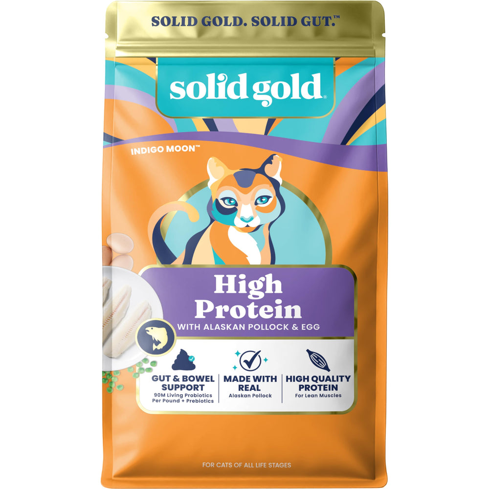 Solid Gold alimento seco para gatos con pollock, alta proteína y sabor apreciado.