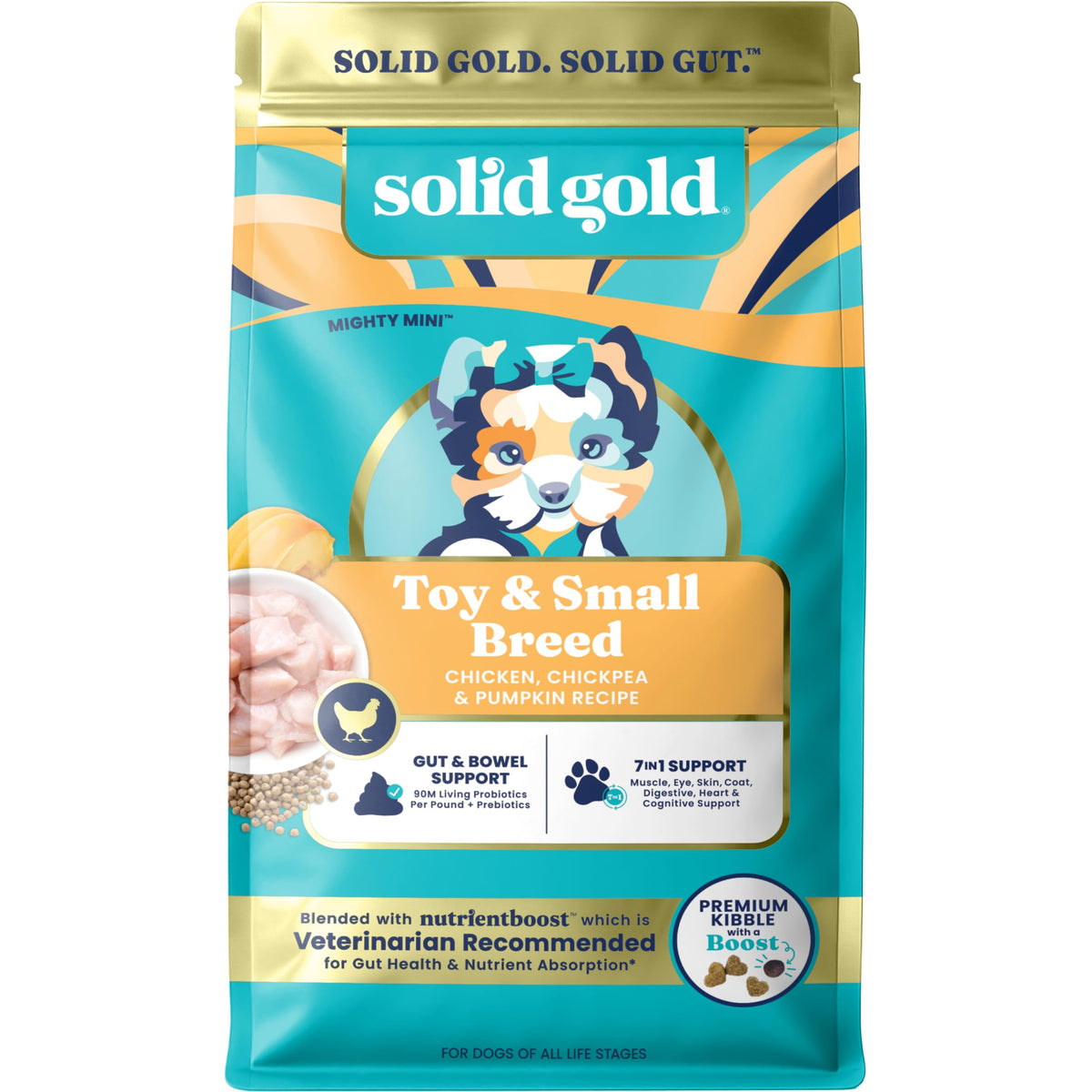 Solid Gold alimento seco para perros pequeños con pollo, bocados fáciles de masticar para digestión suave.