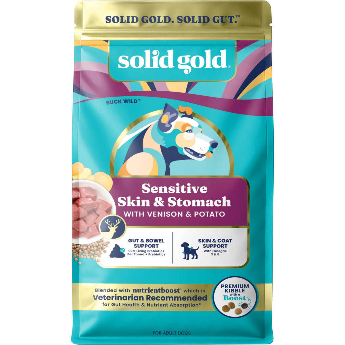 Solid Gold alimento seco para perro con venado; croquetas de alta proteína para bienestar diario.