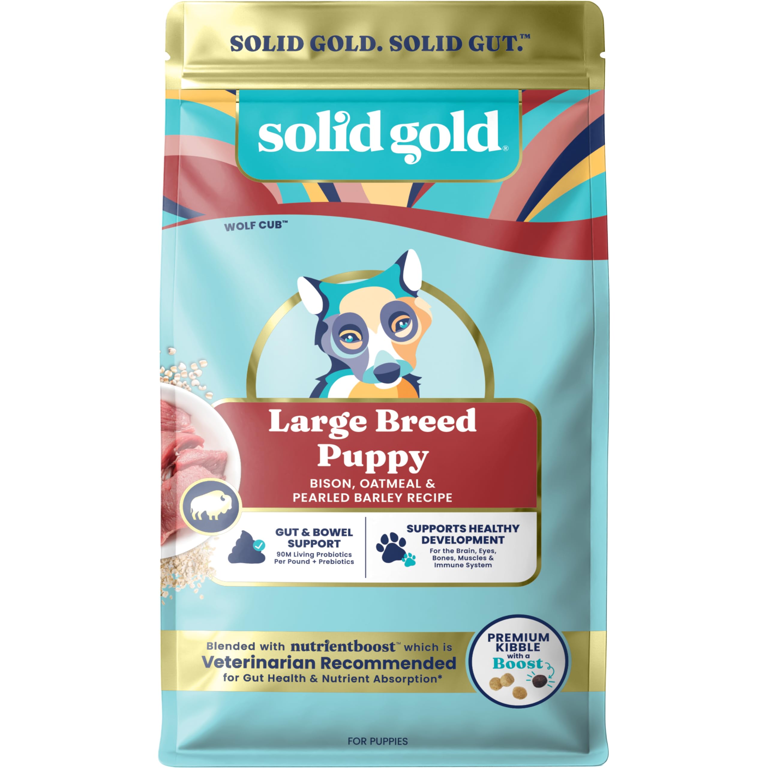 Solid Gold cachorro raza grande en empaque frontal, nutrición diaria recomendada