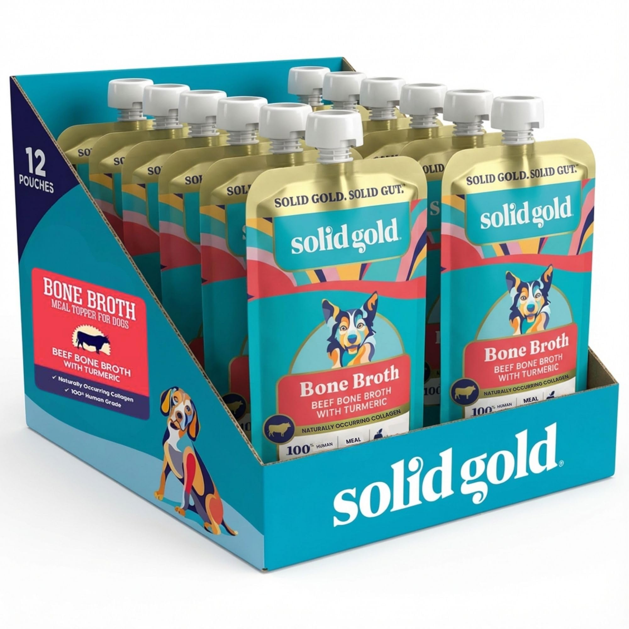 Solid Gold Caldo de Huesos para Perros, envase para hidratar y realzar el sabor.